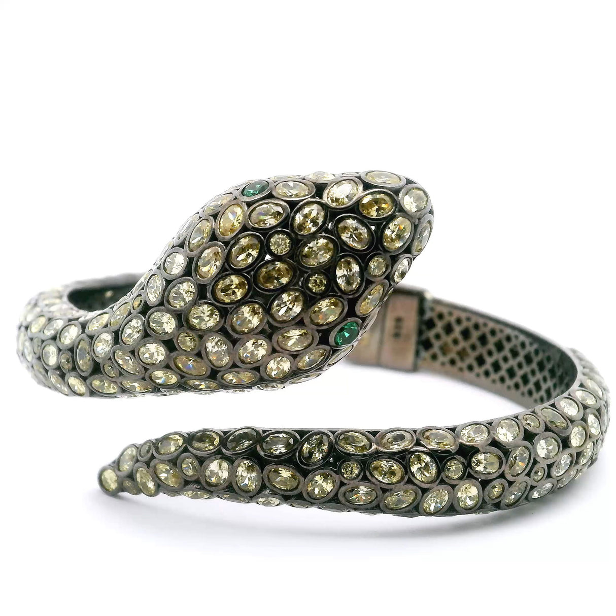 Nano Stone Hinged Bracelet - Wrap-Around Light Green Snake with Green Eye & Dark Overlay over 925 Sterling Silver