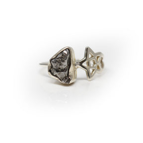 Rough Campo de Cielo meteorite bezel-set in sterling silver ring with star cutout band