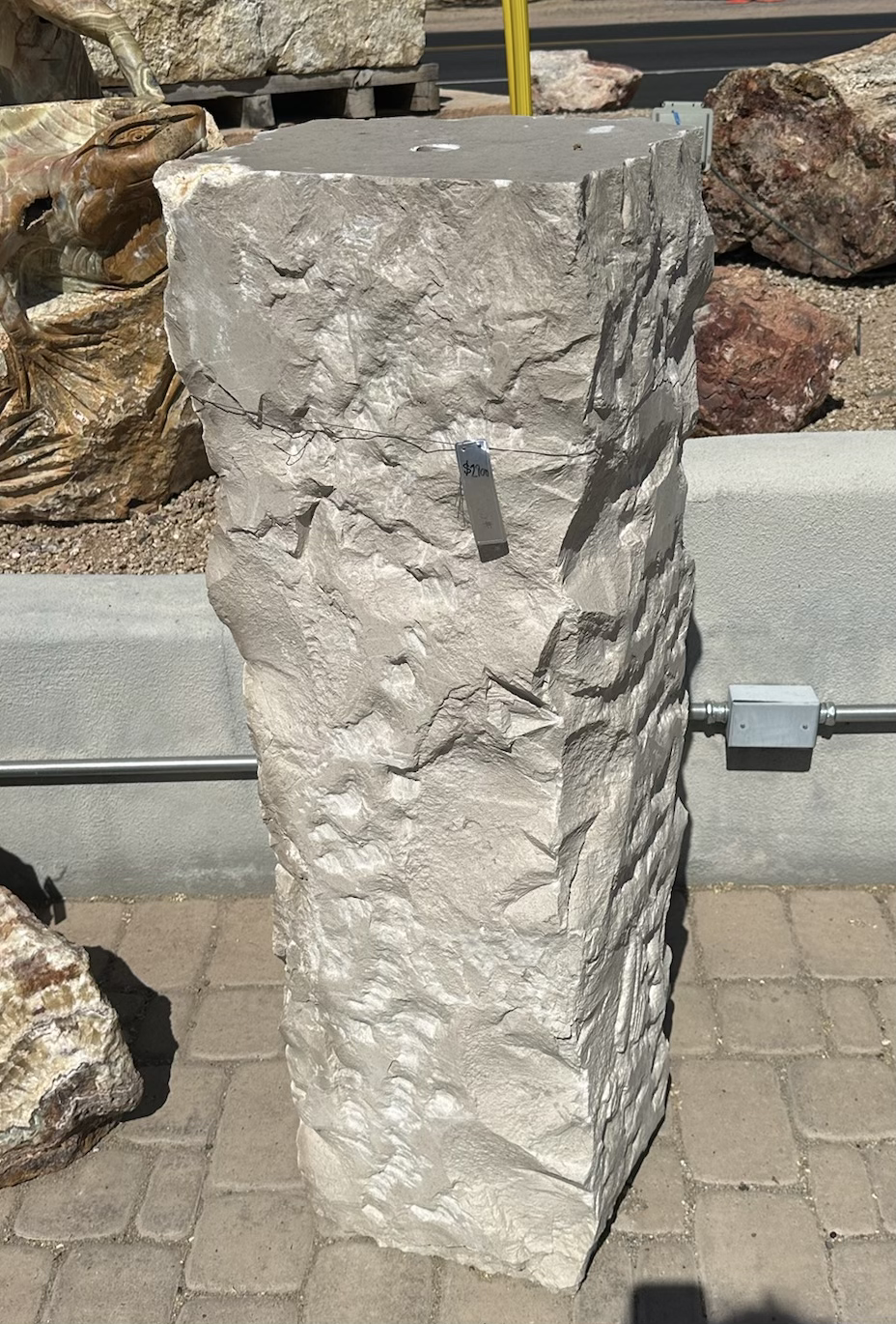 Gray Beige Travertine Column Fountain - 4 Chiseled Sides And Flat Top
