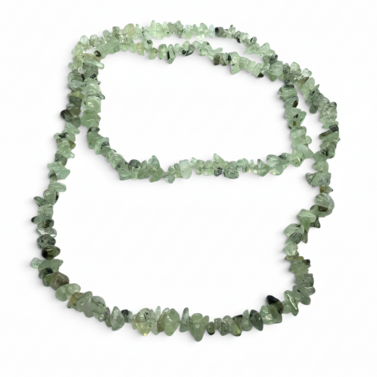 Rare Earth Gallery 36-inch necklace featuring natural light green prehnite gemstone chips on a delicate strand