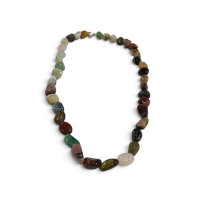 Rare Earth Gallery necklace featuring a variety of polished, multi-colored tumbled gemstones on a silver clasp.