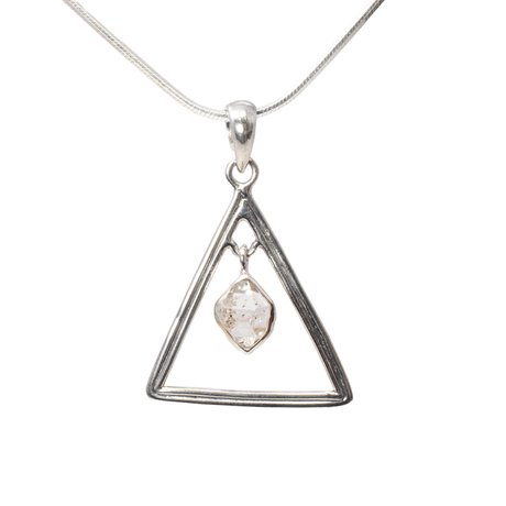View of Herkimer Diamond Pendant - Faceted Freeform Set In Center Of 925 Sterling Silver Triangle
