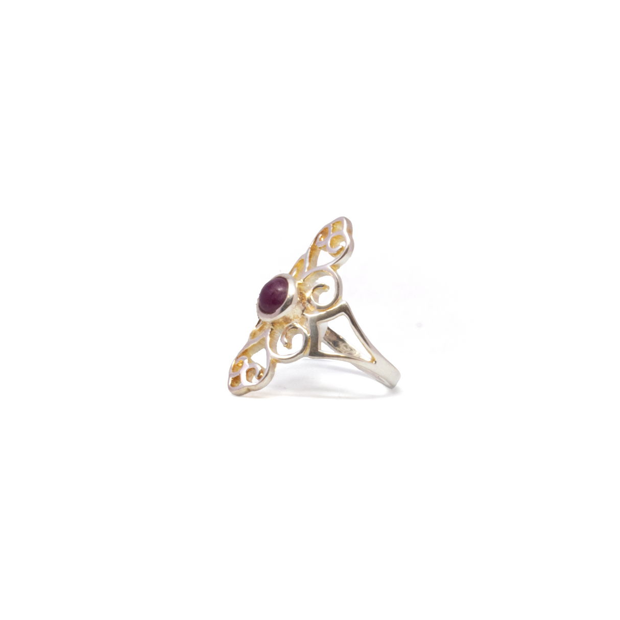 View of Ruby Ring - Round Cabochon With 925 Sterling Silver Bezel On Ornate Open Filigree Band Sz9
