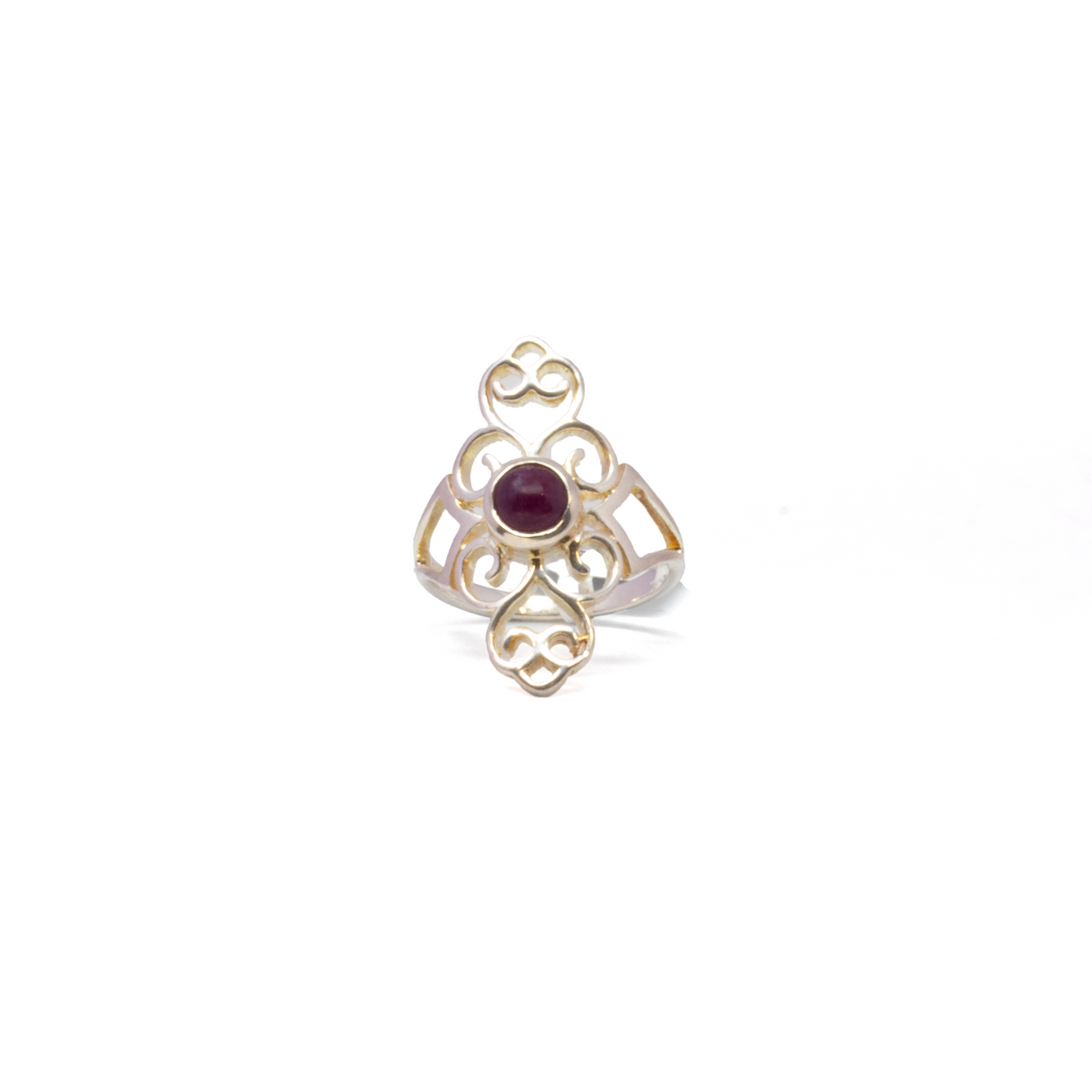 Ruby Ring - Round Cabochon With 925 Sterling Silver Bezel On Ornate Open Filigree Band Sz9