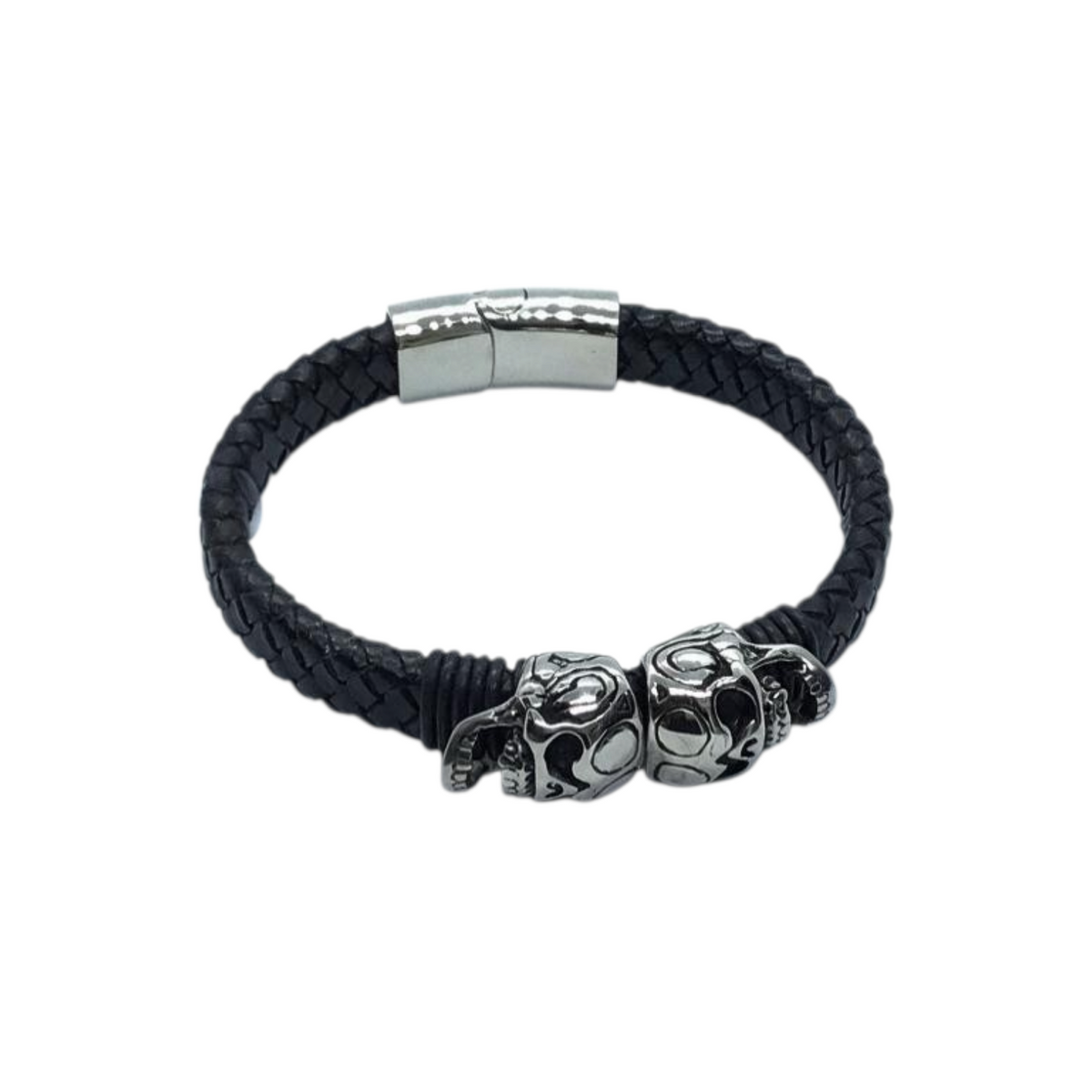 Rare Earth Gallery black braided leather bracelet featuring two stainless steel skull sliders and a magnetic lock.