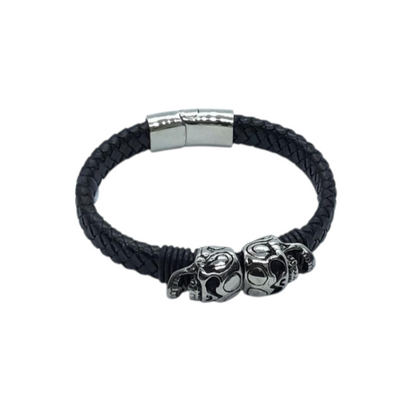 Rare Earth Gallery black braided leather bracelet featuring two stainless steel skull sliders and a magnetic lock.