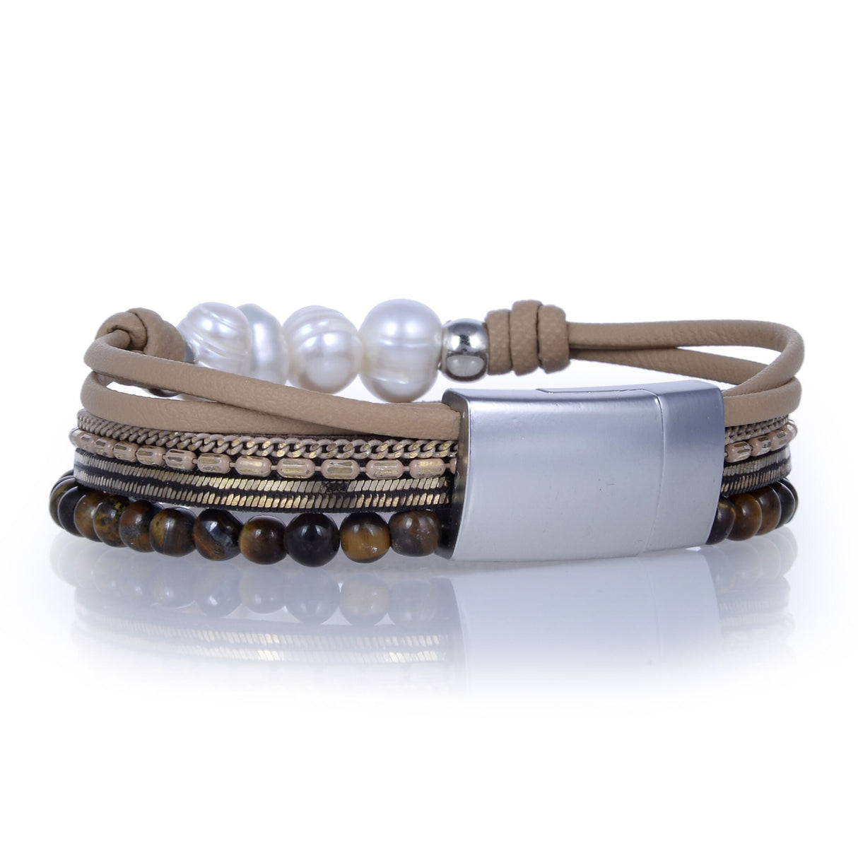 Tigers Eye & Pearls Multi Wrap Bracelet with Magnetic Clasp