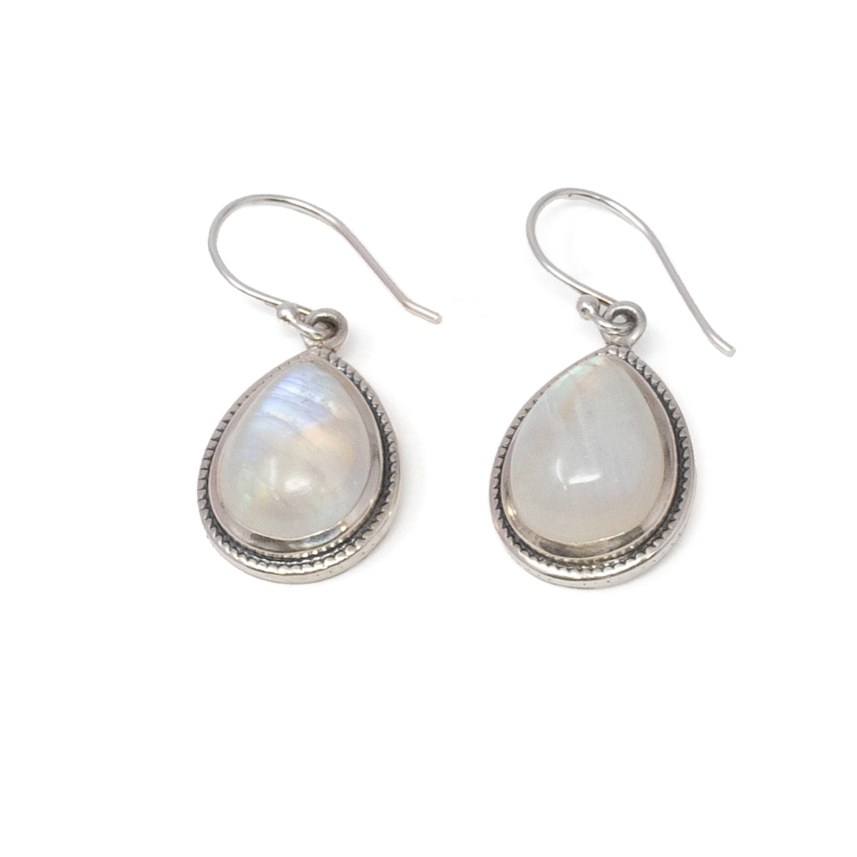 View of Rainbow Moonstone Dangle Earrings - Pear Cabochon With 925 Sterling Silver Rope Stamped Bezel