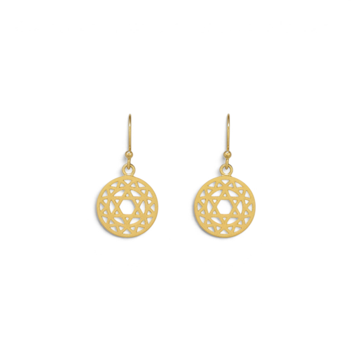 Rare Earth Gallery gold overlay sterling silver heart chakra earrings featuring intricate sacred geometry design