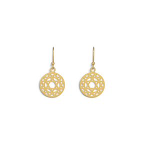 Rare Earth Gallery gold overlay sterling silver heart chakra earrings featuring intricate sacred geometry design