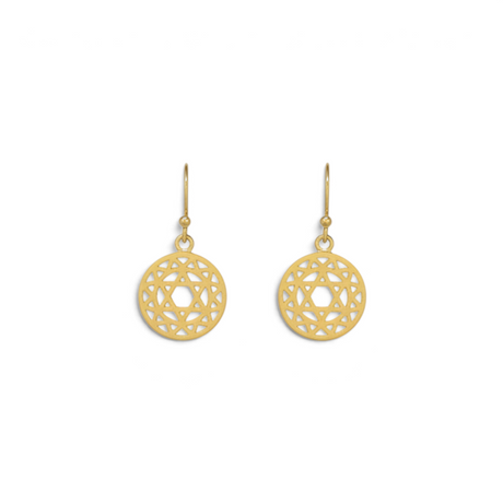 Rare Earth Gallery gold overlay sterling silver heart chakra earrings featuring intricate sacred geometry design