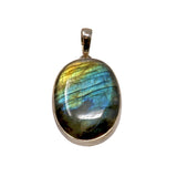 Labradorite Pendant - Oval Cabochon with Yellow & Teal Shift with Light Gray Cloudy Inclusion