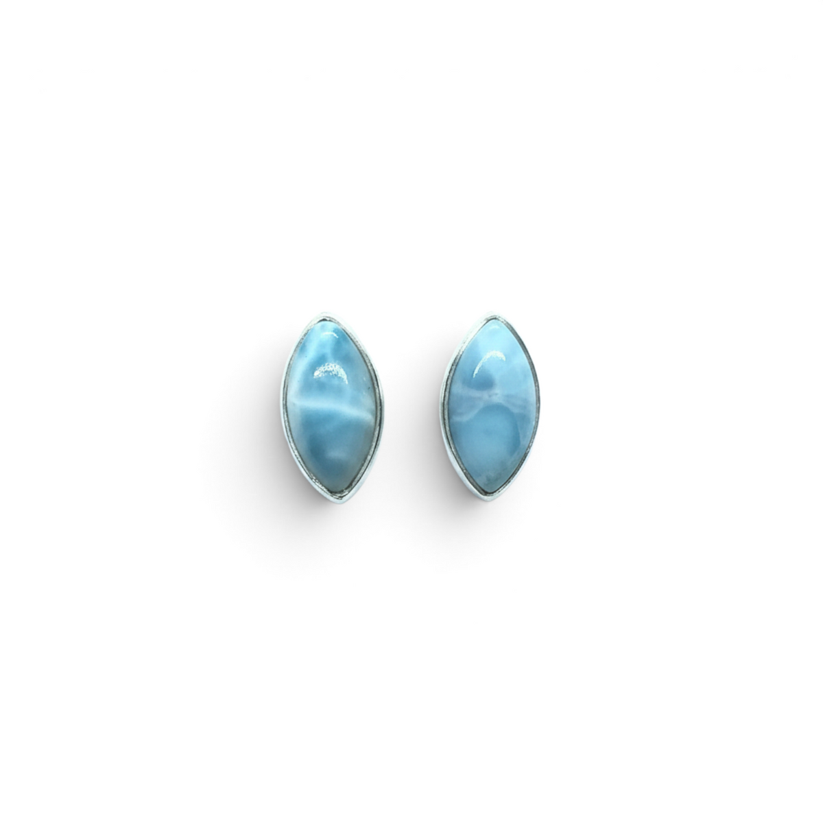 Rare Earth Gallery larimar stud earrings featuring sharp oval cabochons set in simple 925 sterling silver bezels.