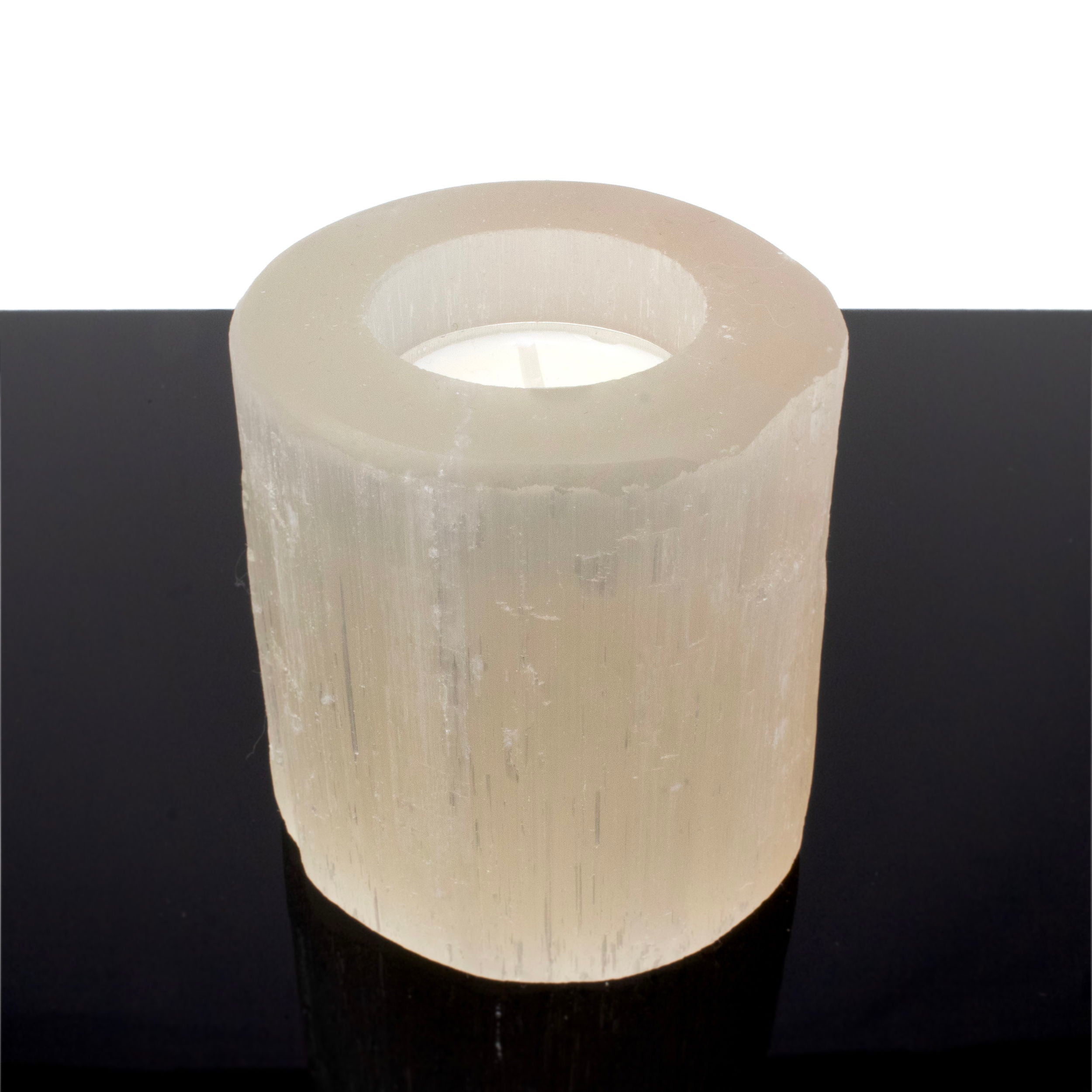 Peach Selenite Candle Holder - Round With Cut Top From Morocco - Rare