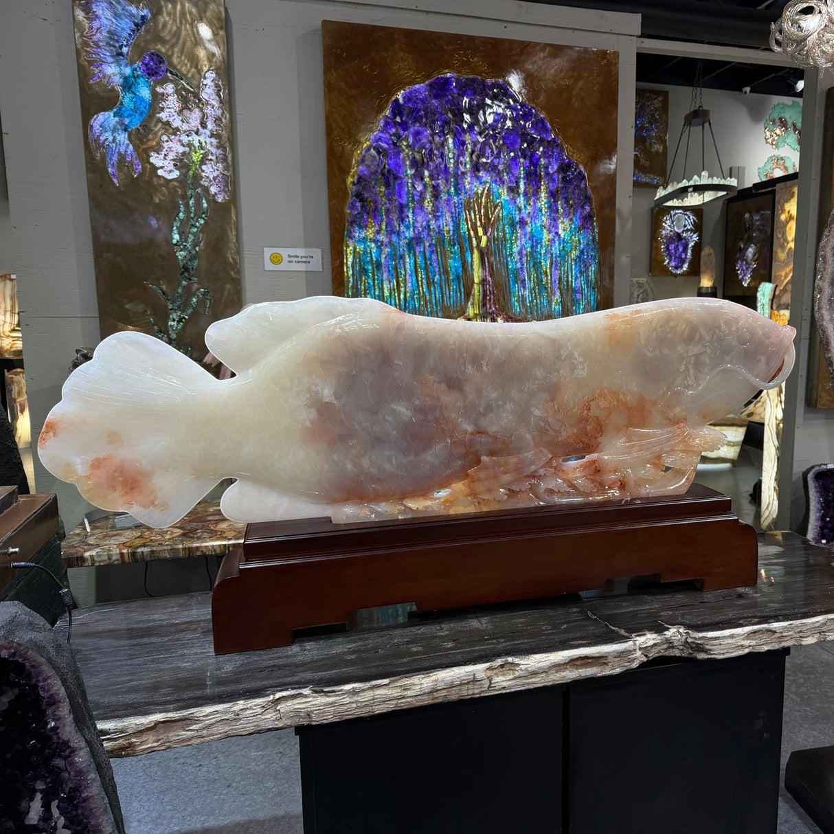 Exquisite Red Skin Mutton Fat Nephrite Jade Fish Carving on Carved Wooden Base with Accompanying Custom Box