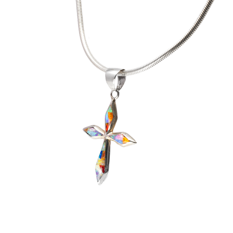 View of Multi Fire Opal Inlay Cross Pendant - Geometric Inlay Set in Dainty 925 Sterling Silver Cross with Tapered Arms