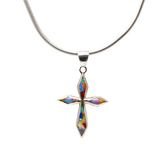 Multi Fire Opal Inlay Cross Pendant - Geometric Inlay Set in Dainty 925 Sterling Silver Cross with Tapered Arms