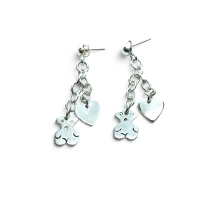 Rare Earth Gallery sterling silver dangle earrings featuring a bear and heart charm on a delicate chain