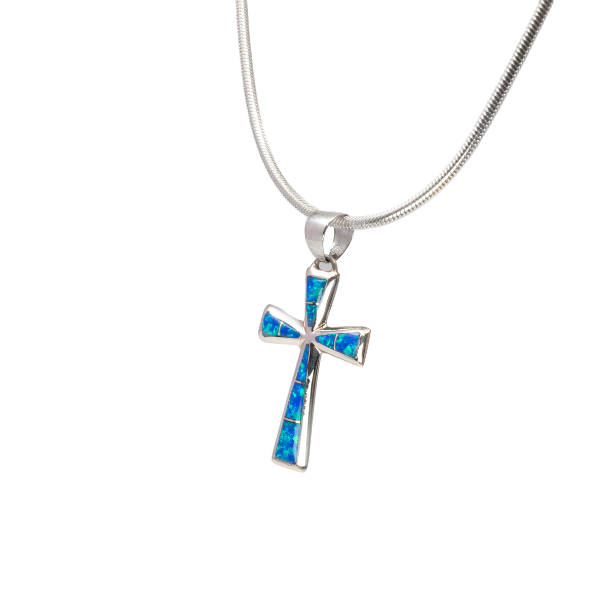 View of Blue Opal Inlay Pendant - Dainty Tapered Cross with 925 Sterling Silver Channeling