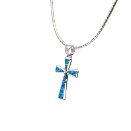 View of Blue Opal Inlay Pendant - Dainty Tapered Cross with 925 Sterling Silver Channeling