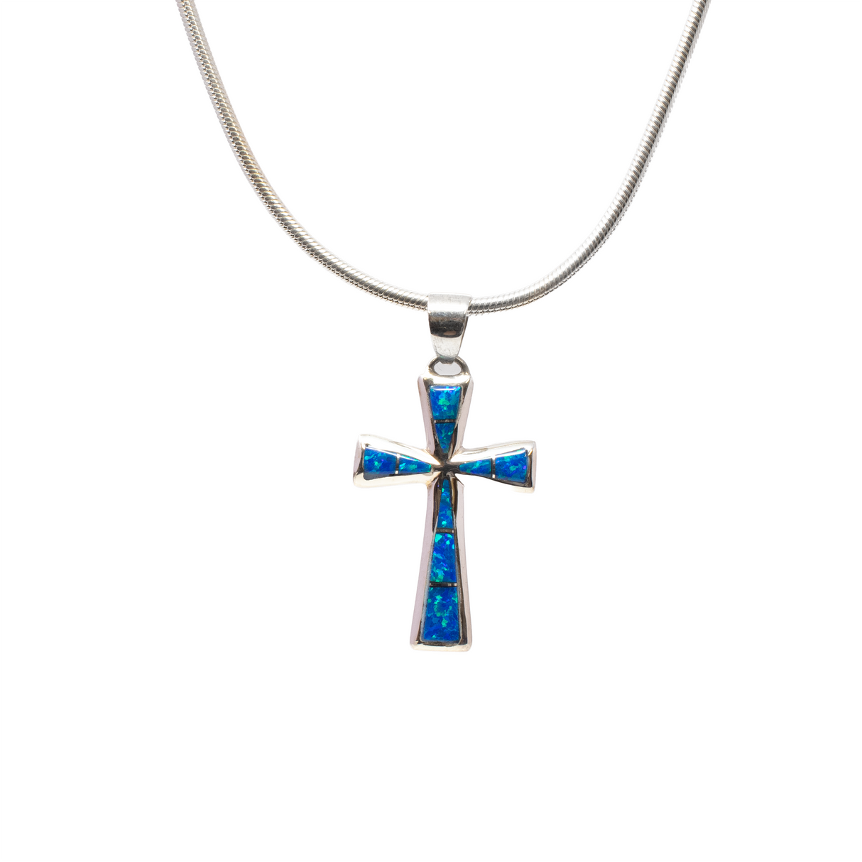 Blue Opal Inlay Pendant - Dainty Tapered Cross with 925 Sterling Silver Channeling
