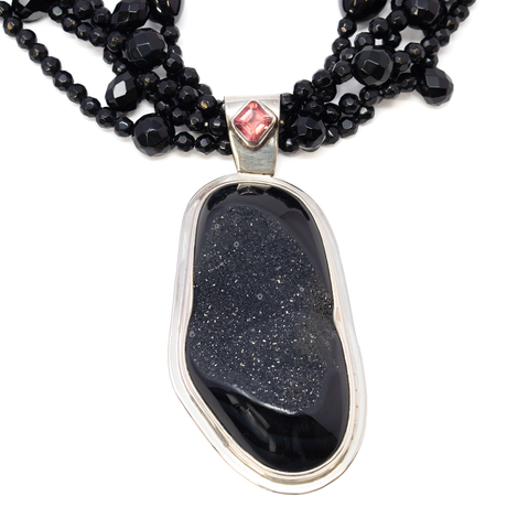 View of Faceted Black Onyx Beaded Necklace with Black Druze & Pink Tourmaline Pendant