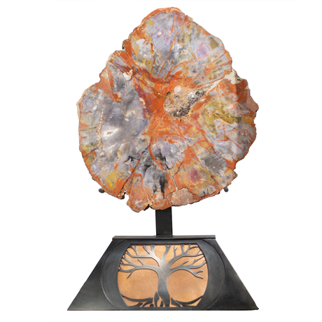 View of Arizona Petrified Wood Slice with Reds & Grays & Blacks on Custom Stand with Tree of Life Design  - Sacred Geometry (26 inches tall)