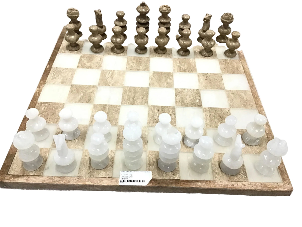 View of Onyx Chess Set - Travertine & White (Large)
