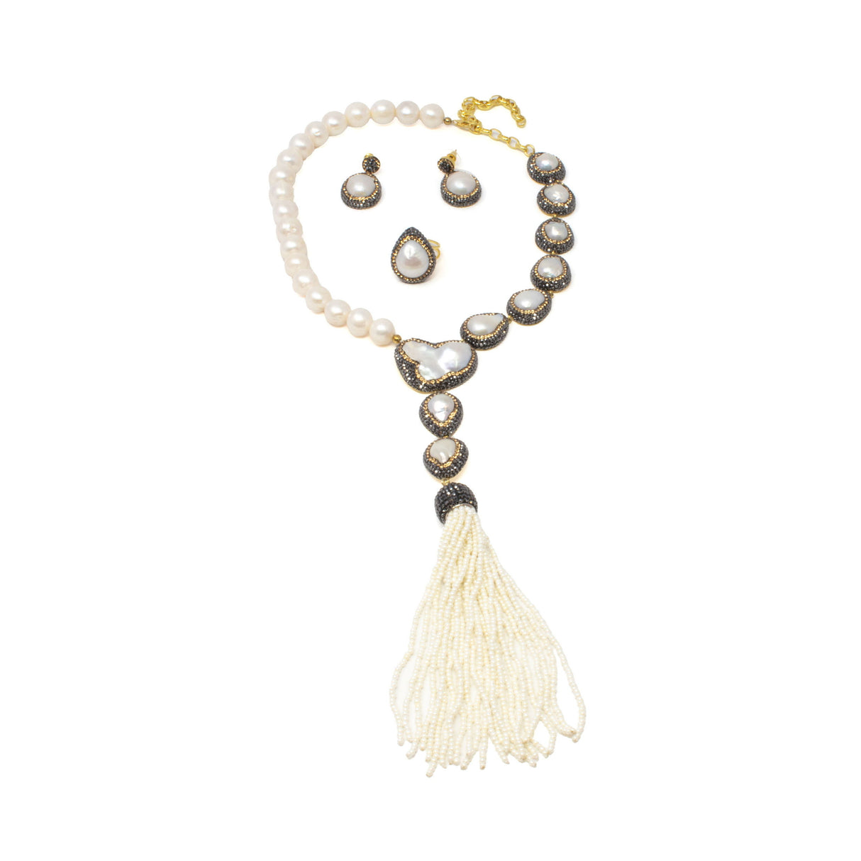 Baroque Pearl Set (Necklace; Earrings; Ring) - Half Pearls with Marcasite & Half Pearl Beads Necklace with Mini Pearls Tassel - Matching Rings & Dangle Post Earrings with Marcasite & Gold Swarovski Crystals