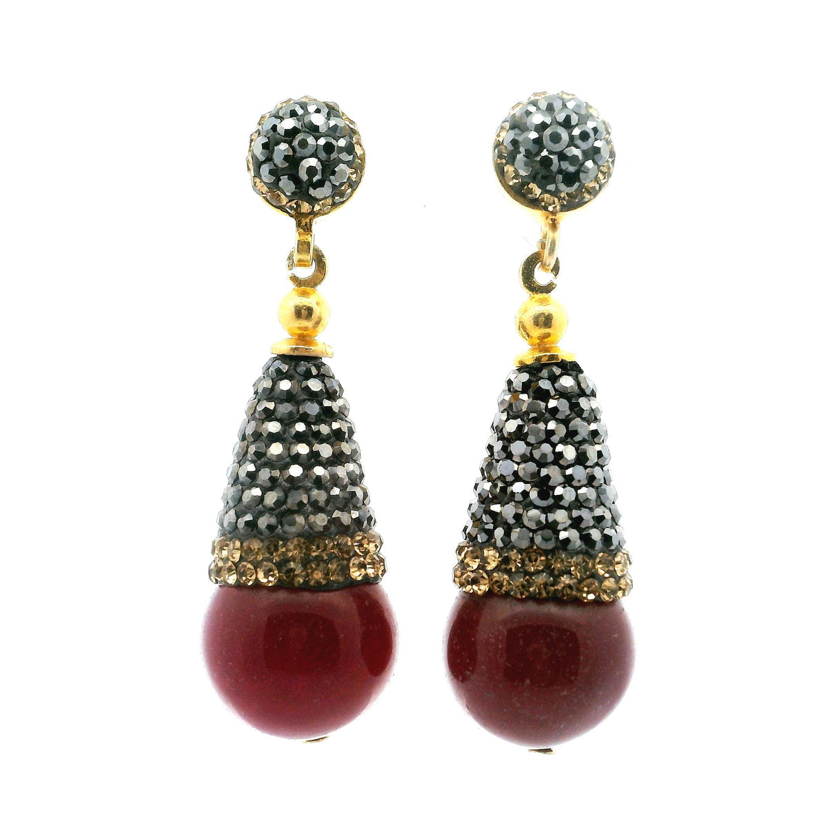 Ruby Dangle Earrings - Ruby Bead Below Reverse Cone of Marcasite & Gold Swarovski Crystals with Gold Vermeil over 925 Sterling Silver