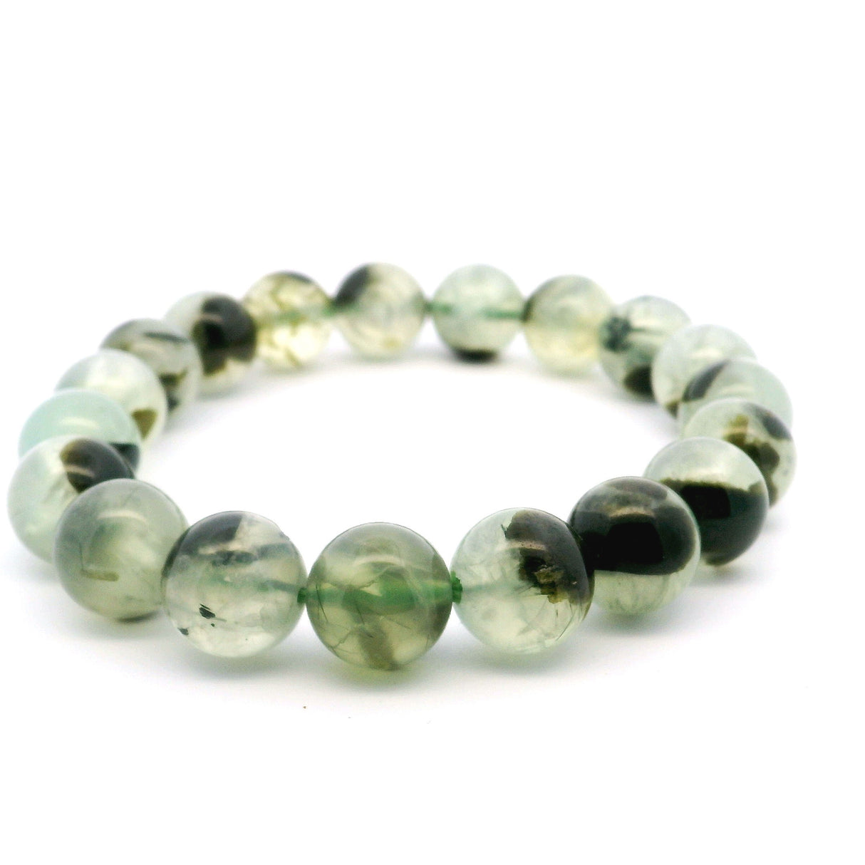 View of Prehnite Beaded Bracelet with Epidote Inclusions 10mm - 12mm