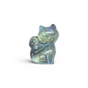 View of A+ Quality Labradorite Kitty Cat Carving with Flat Back