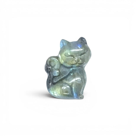 View of A+ Quality Labradorite Kitty Cat Carving with Flat Back