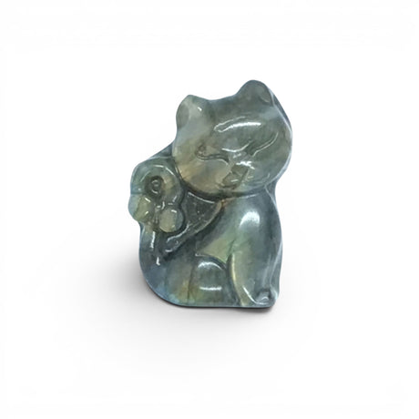 View of A+ Quality Labradorite Kitty Cat Carving with Flat Back