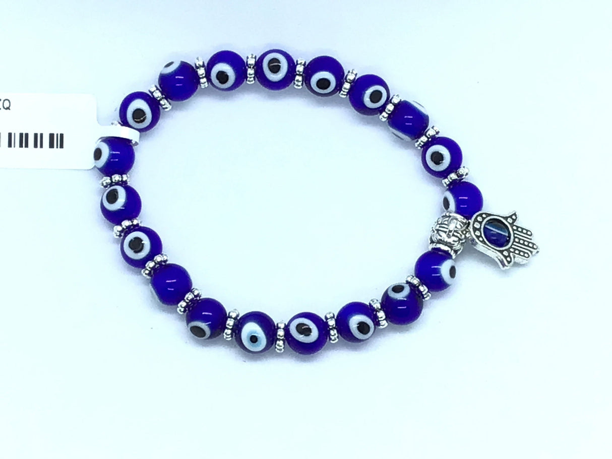 View of Navy Evil Eye Beaded Bracelet with Hamsa Charm