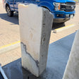 White Cosmic Onyx fountain pillar standing upright on a showroom lot, cream stone with gray banding
