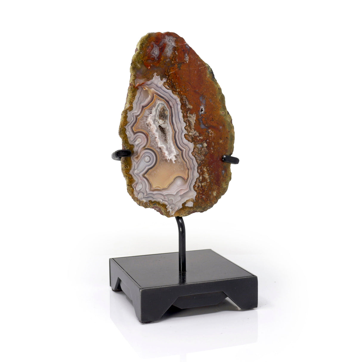 Agua Nueva Agate Geode on a Custom Black Square Stand with Trapezoidal Designs - Gray & Beige with a Small Druze Pocket