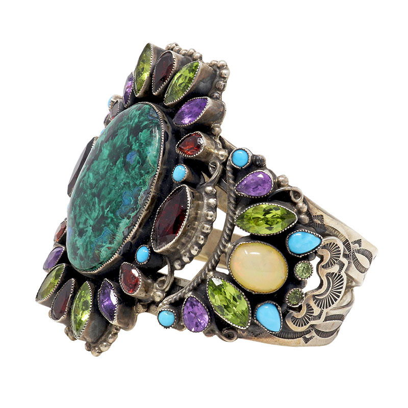 Leo Feeney Chatoyant Malachite & Chrysocolla Cuff Bracelet with Garnet, Ethiopian Opal, Peridot, Sleeping Beauty Turquoise & Amethyst