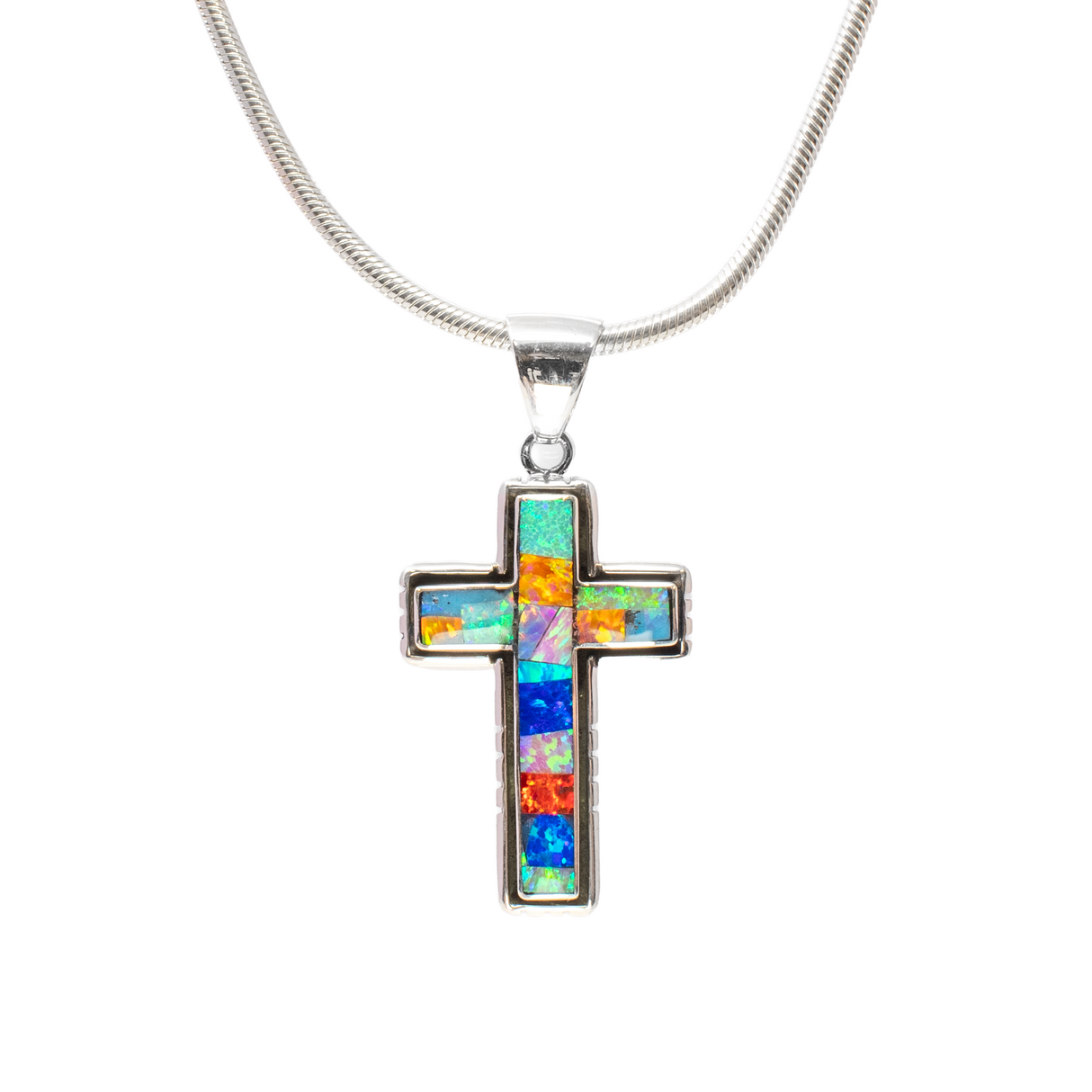 Multi Fire Opal Inlay Cross Pendant - Rectangular Inlay with White Opal & 925 Sterling Silver Channeling & Oxidized Bezel Edge with Stamping
