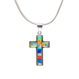 Multi Fire Opal Inlay Cross Pendant - Rectangular Inlay with White Opal & 925 Sterling Silver Channeling & Oxidized Bezel Edge with Stamping