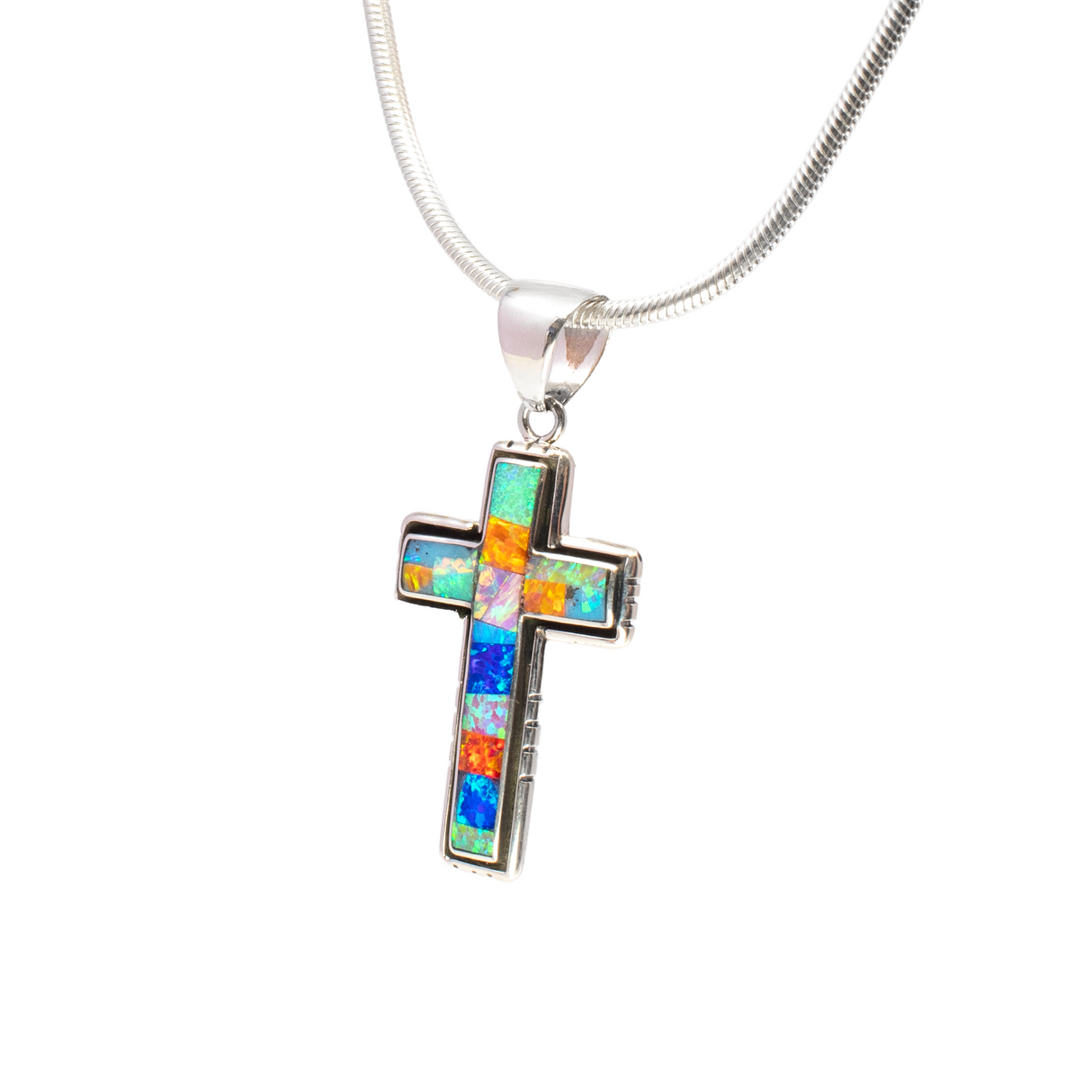 View of Multi Fire Opal Inlay Cross Pendant - Rectangular Inlay with White Opal & 925 Sterling Silver Channeling & Oxidized Bezel Edge with Stamping