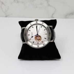 View of Muonionalusta Meteorite Watch - Miyota Movement with Black leather Band & Cobalt Blue Hands - Roman Numeral Time Stamps