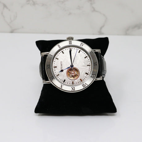 View of Muonionalusta Meteorite Watch - Miyota Movement with Black leather Band & Cobalt Blue Hands - Roman Numeral Time Stamps