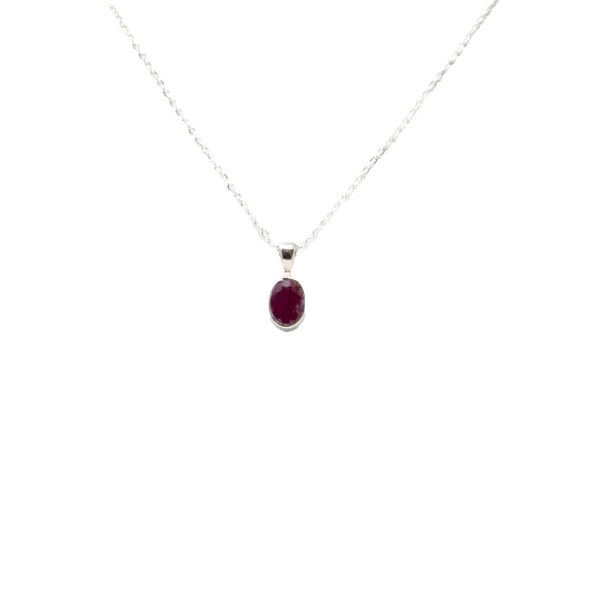View of Faceted Ruby Necklace - Dainty Oval Pendant with 925 Sterling Silver Bezel & Chain