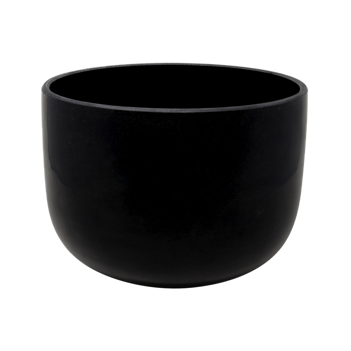 Glossy black 10-inch gem-infused quartz crystal singing bowl, angled side view