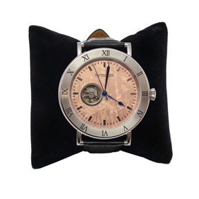 View of Muonionalusta Meteorite Watch - Miyota Movement with Black Leather Band and Rose Gold IP Plating