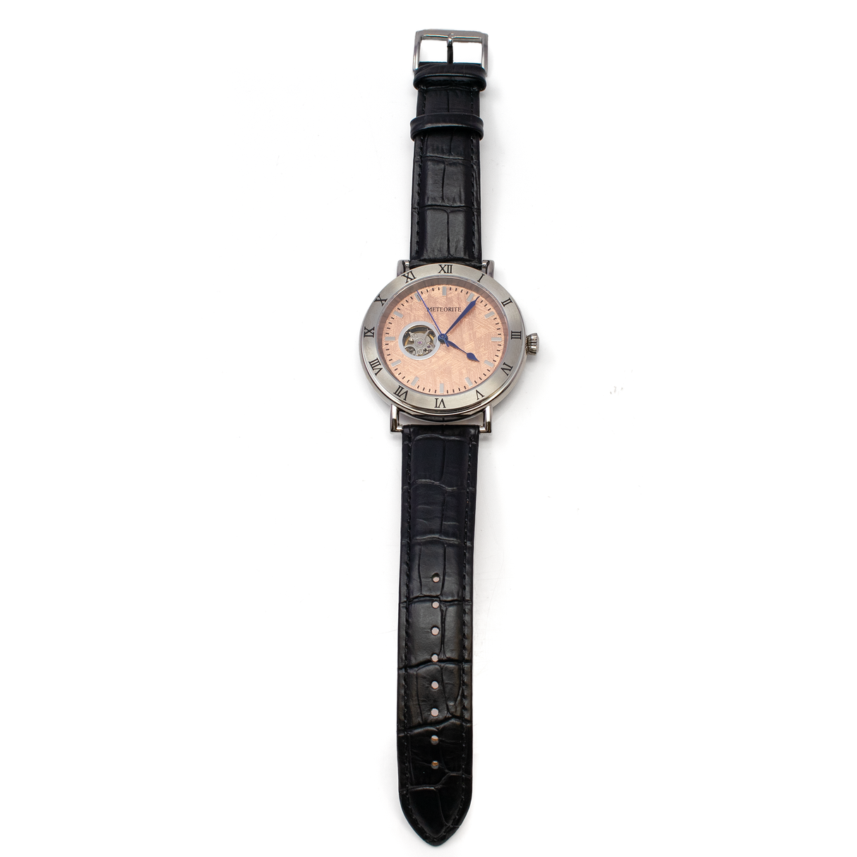Muonionalusta Meteorite Watch - Miyota Movement with Black Leather Band and Rose Gold IP Plating