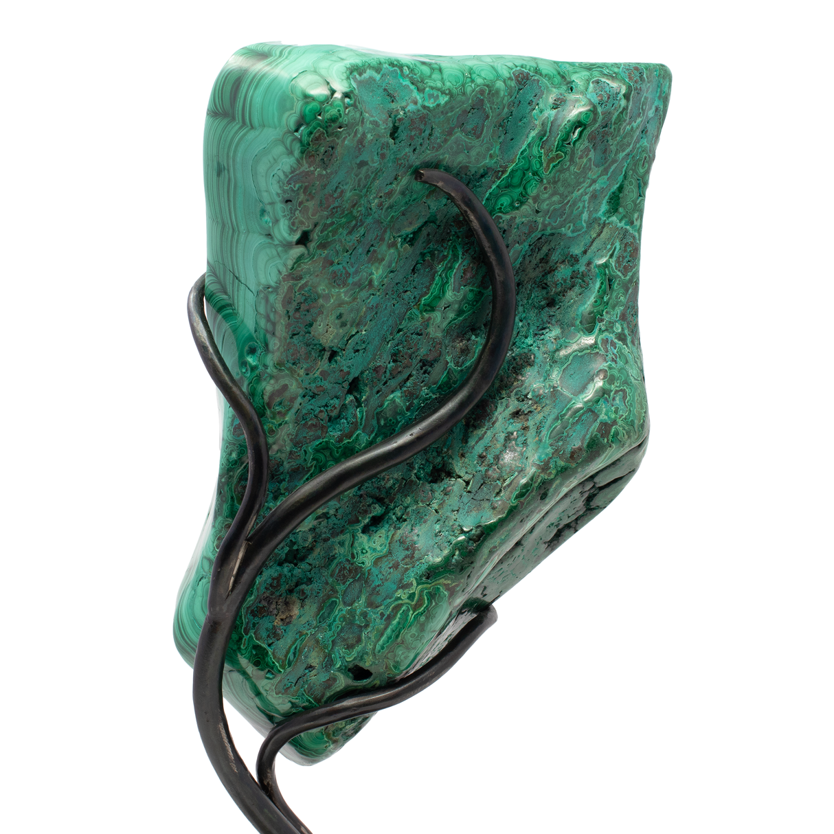 Brilliant Chrysocolla Malachite Freeform on Rotating Custom Stand with Copper Quatrafoil Design