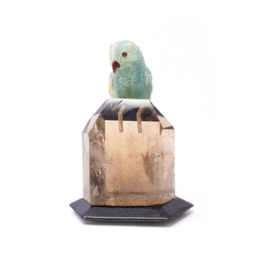 View of Aquamarine Owl Carving Perched on Smoky Quartz Crystal Point Vertical