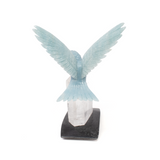 Blue Calcite Hummingbird Carving Perched on Quartz Crystal Point Vertical
